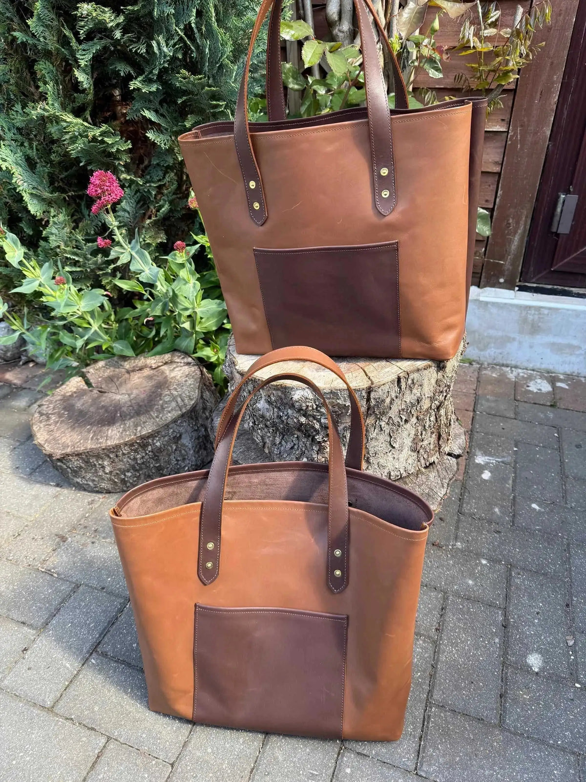 Handmade Italian calfskin leather tote bag in tan with contrasting dark brown pocket